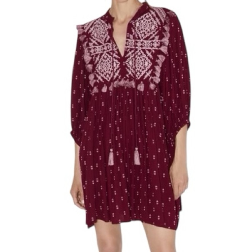 ZARA Embroidered High Collar Boho Tassel Lantern Sleeve V Neck Coachella Dress